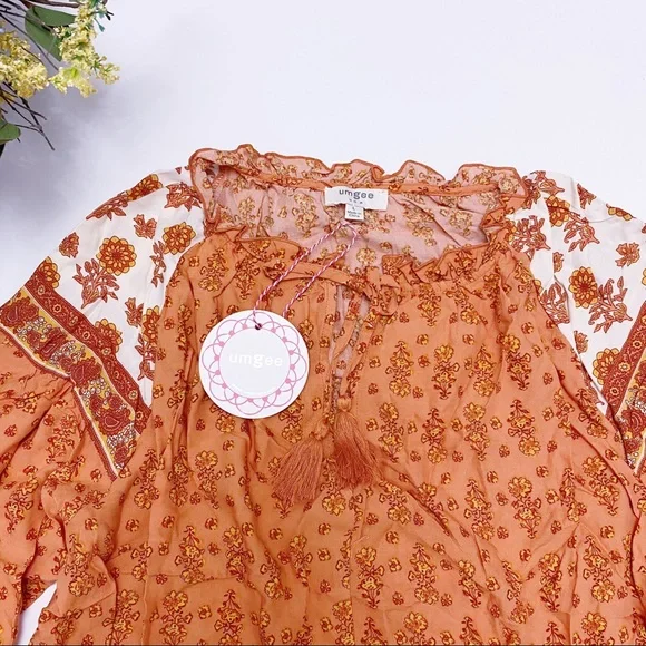 Umgee | Floral Long Puff Sleeve Keyhole Dress Ruffle Hem Tassel Tie Tiered Boho - Picture 12 of 16